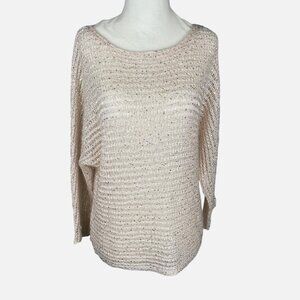 Ann Taylor Loose-Knit Sweater Beige Sequined 3/4-Sleeve Scoop-Neck Sz. M